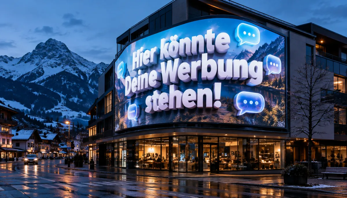 #KIgeneriert · Riesige 3D-LED-Werbewand an einem Gebäude in einem Alpenort zur blauen Stunde, darauf in plastischen Buchstaben: Hier könnte Deine Werbung stehen!