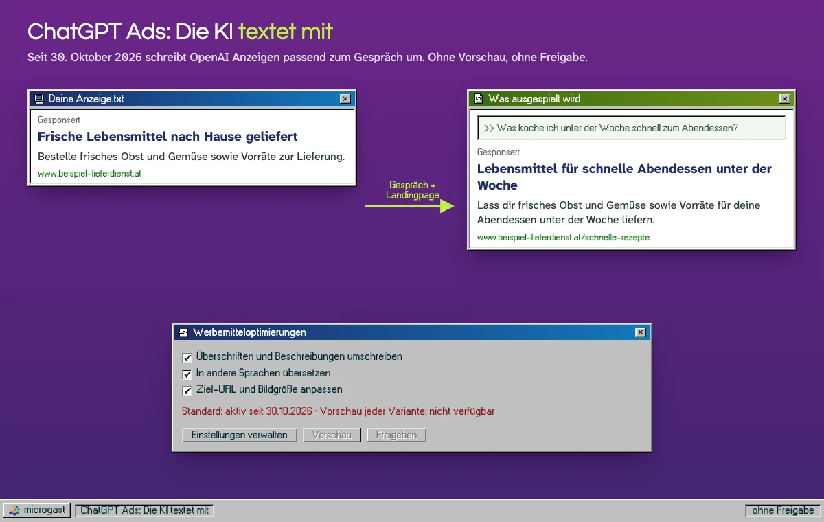 Schema im Windows-95-Stil: Links die ursprüngliche Anzeige „Frische Lebensmittel nach Hause geliefert“, rechts die von ChatGPT passend zum Gespräch umgeschriebene Variante „Lebensmittel für schnelle Abendessen unter der Woche“ mit geänderter Ziel-URL. Darunter das Einstellungsfenster: aktiv seit 30.10.2026, Vorschau nicht verfügbar.
