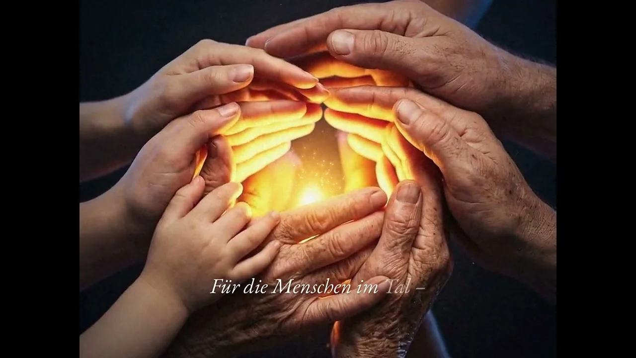 Standbild aus dem Video: Hände von Kindern und älteren Menschen umschließen gemeinsam ein warmes Licht, dazu der Schriftzug „Für die Menschen im Tal“.